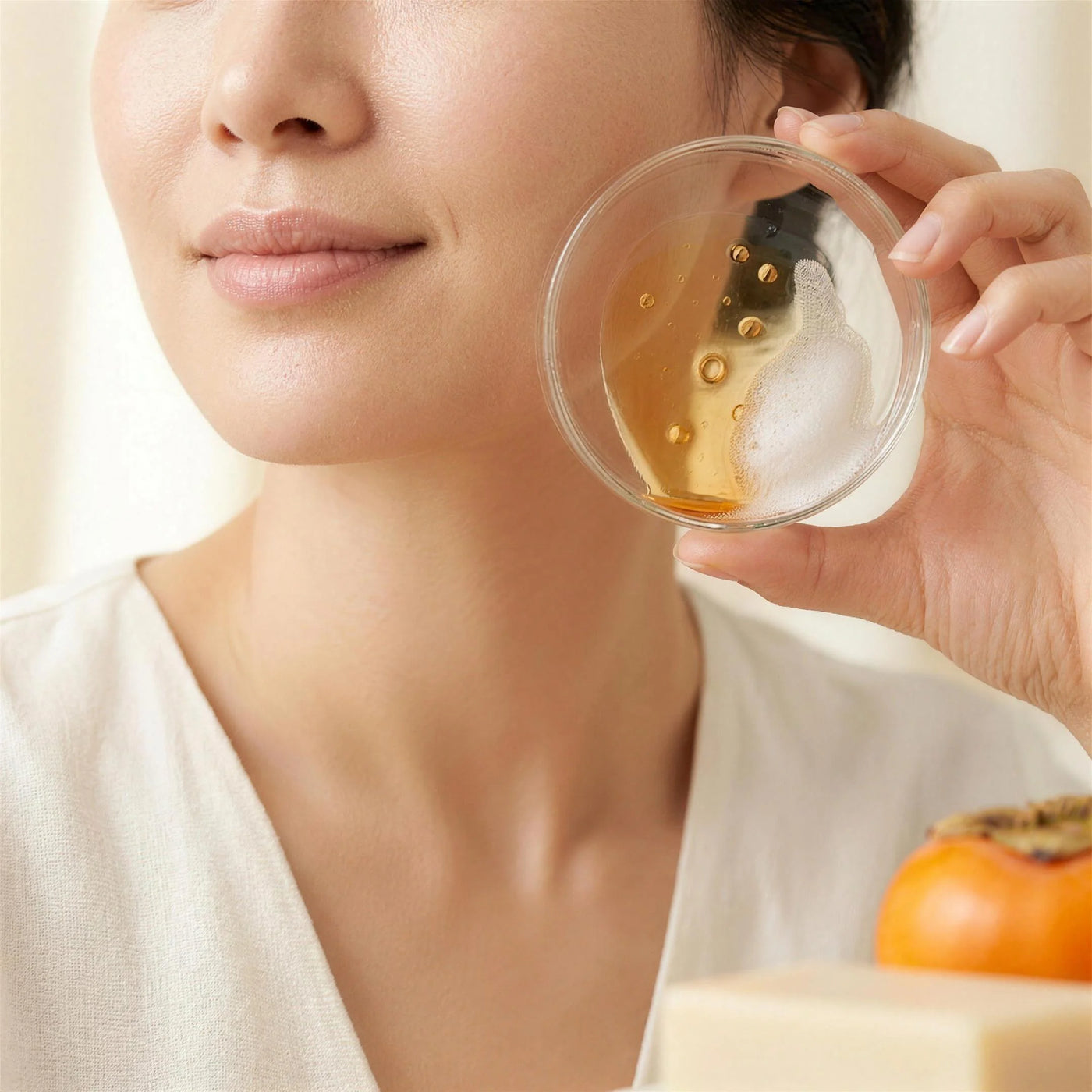 Persimmon tannin extract and lather in a glass dish