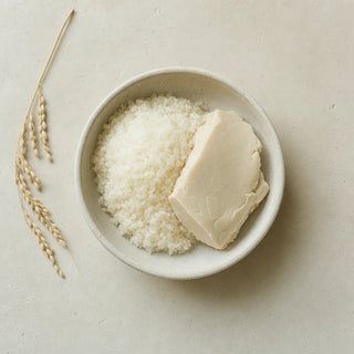 Pearly short-grain rice and pressed sake lees in a cream ceramic dish