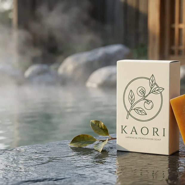 Kaori carton and persimmon soap bar on a stone ledge