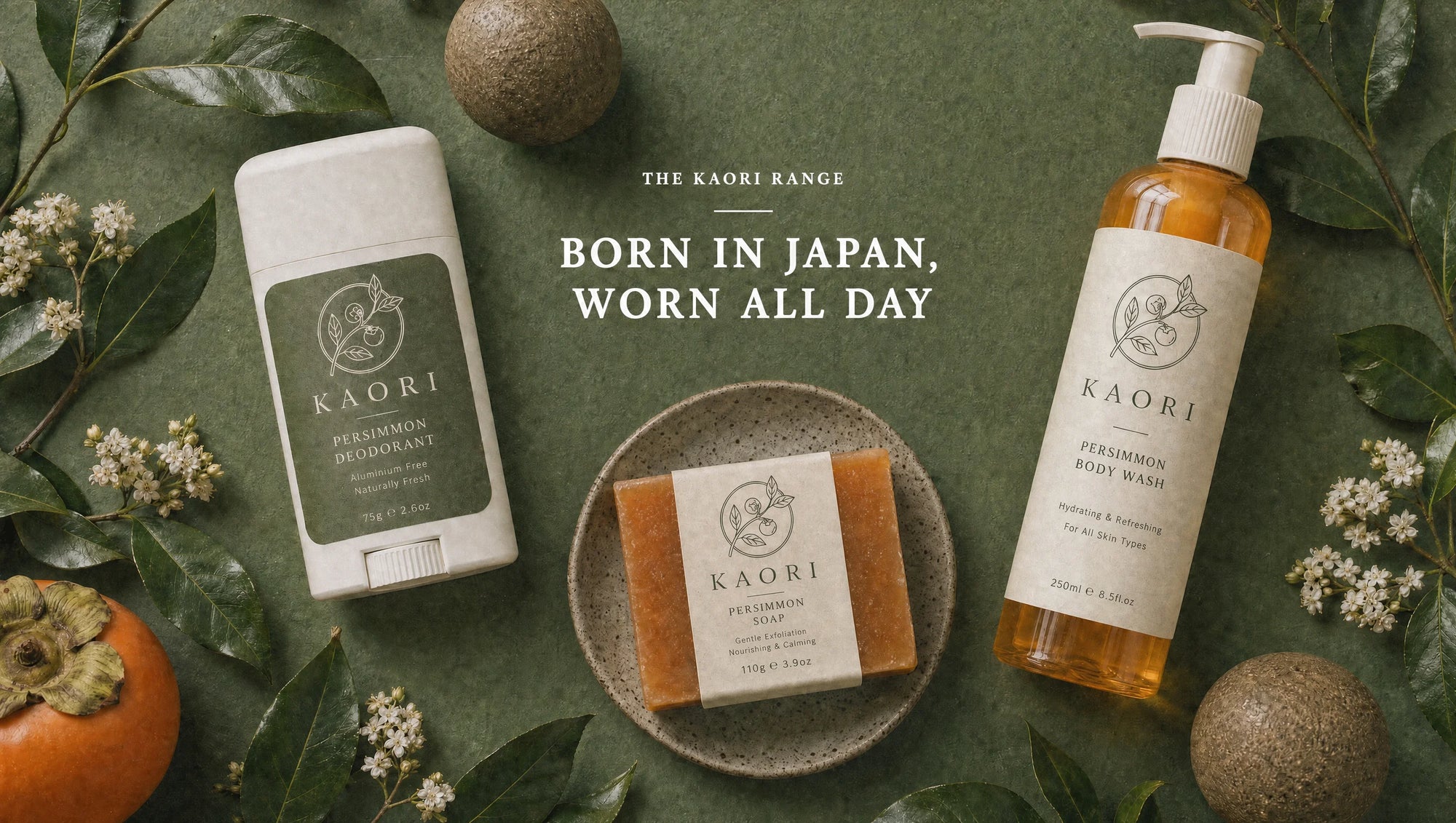 Kaori range flat lay: deodorant, body wash and persimmon soap