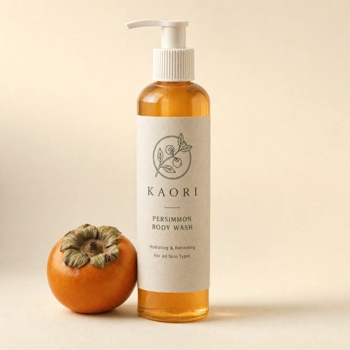 Kaori Persimmon Body Wash bottle beside a ripe persimmon