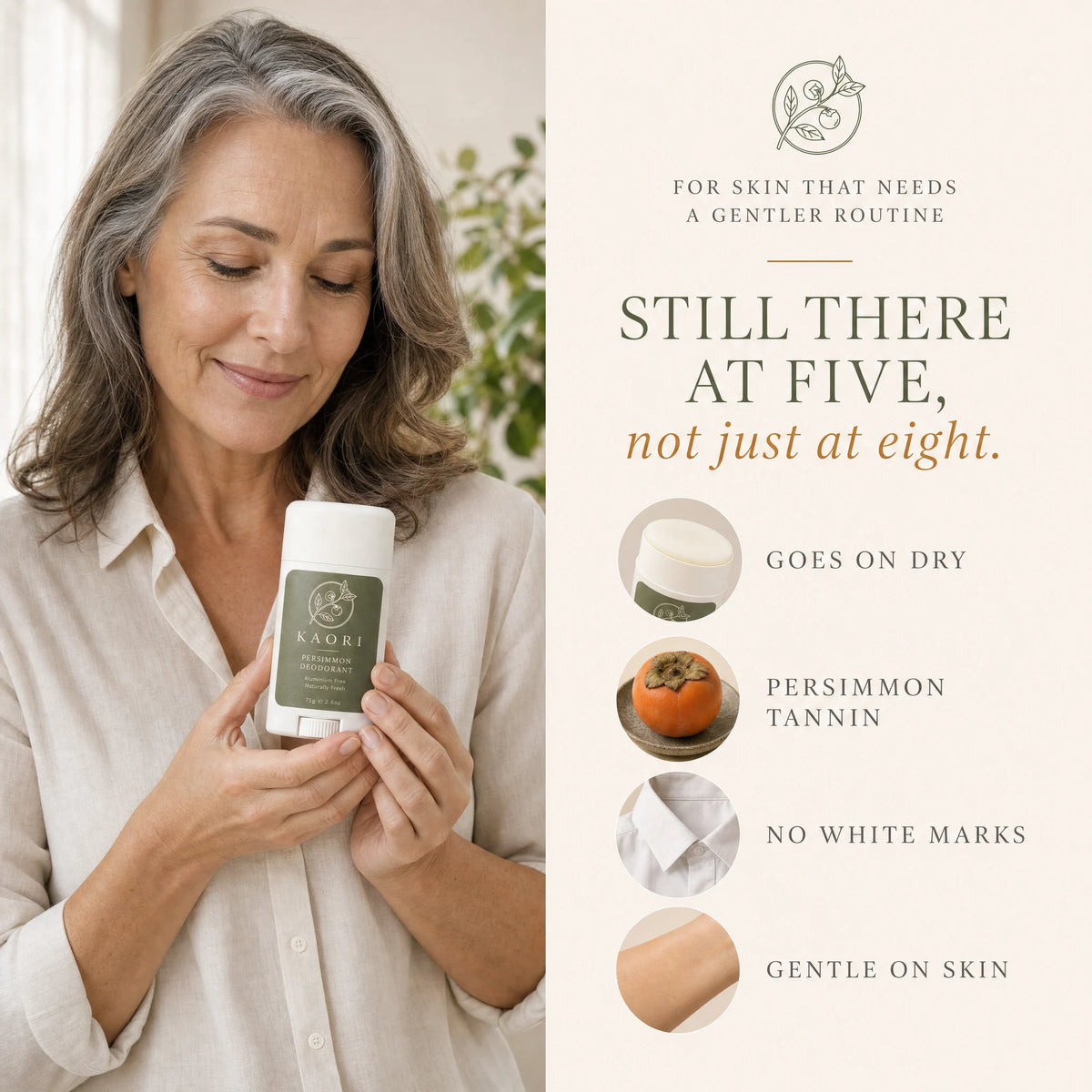 A woman holding the Kaori Persimmon Deodorant stick
