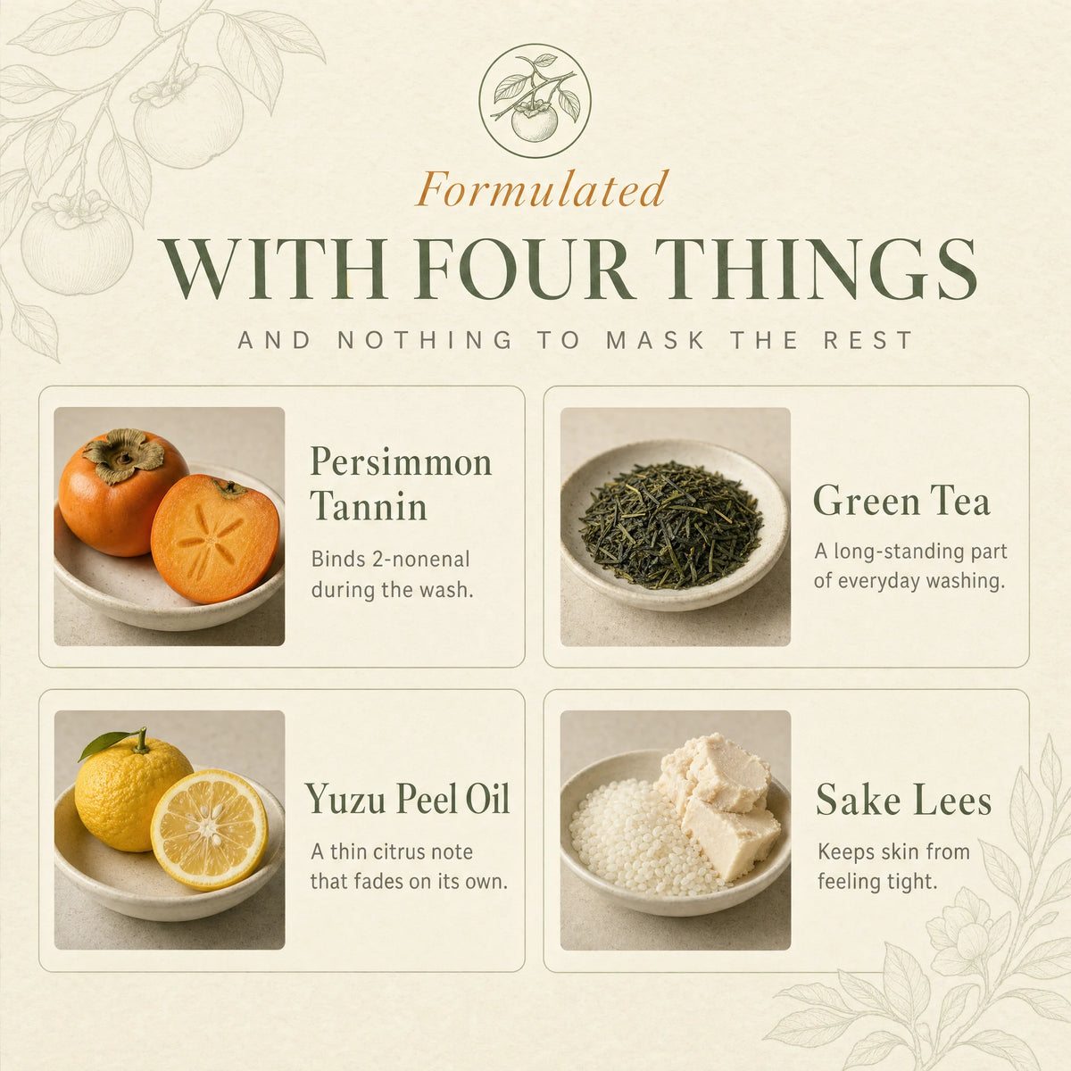 The four ingredients behind Kaori: persimmon, green tea, yuzu and sake lees