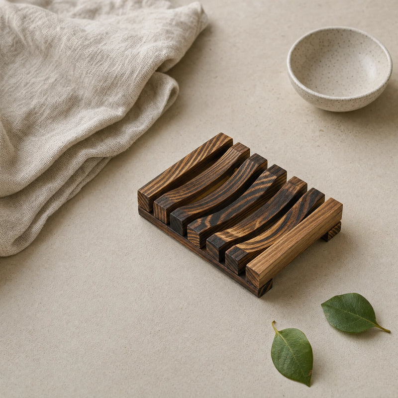 Scorched wooden soap dish with curved slats, on pale plaster with a linen towel