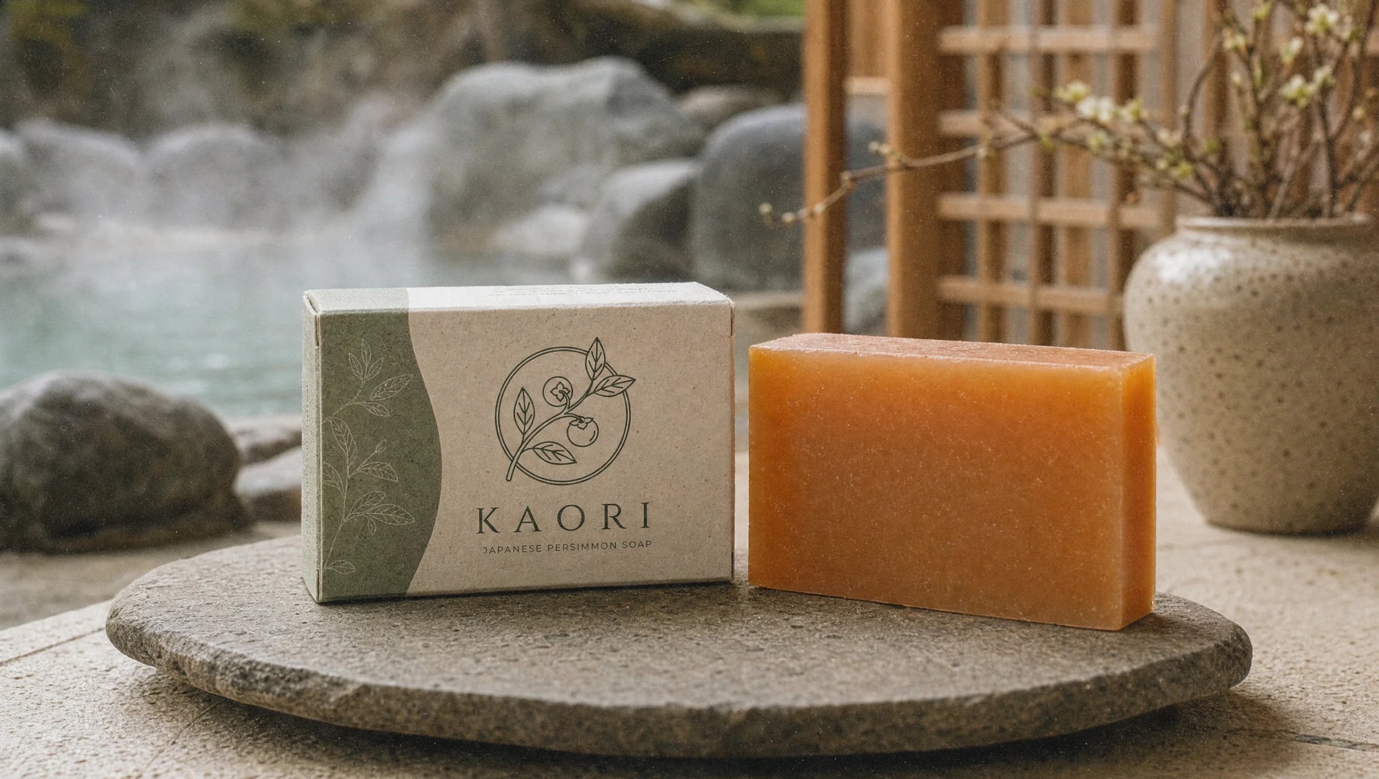 Kaori persimmon soap carton and bar on a stone slab by a hot spring