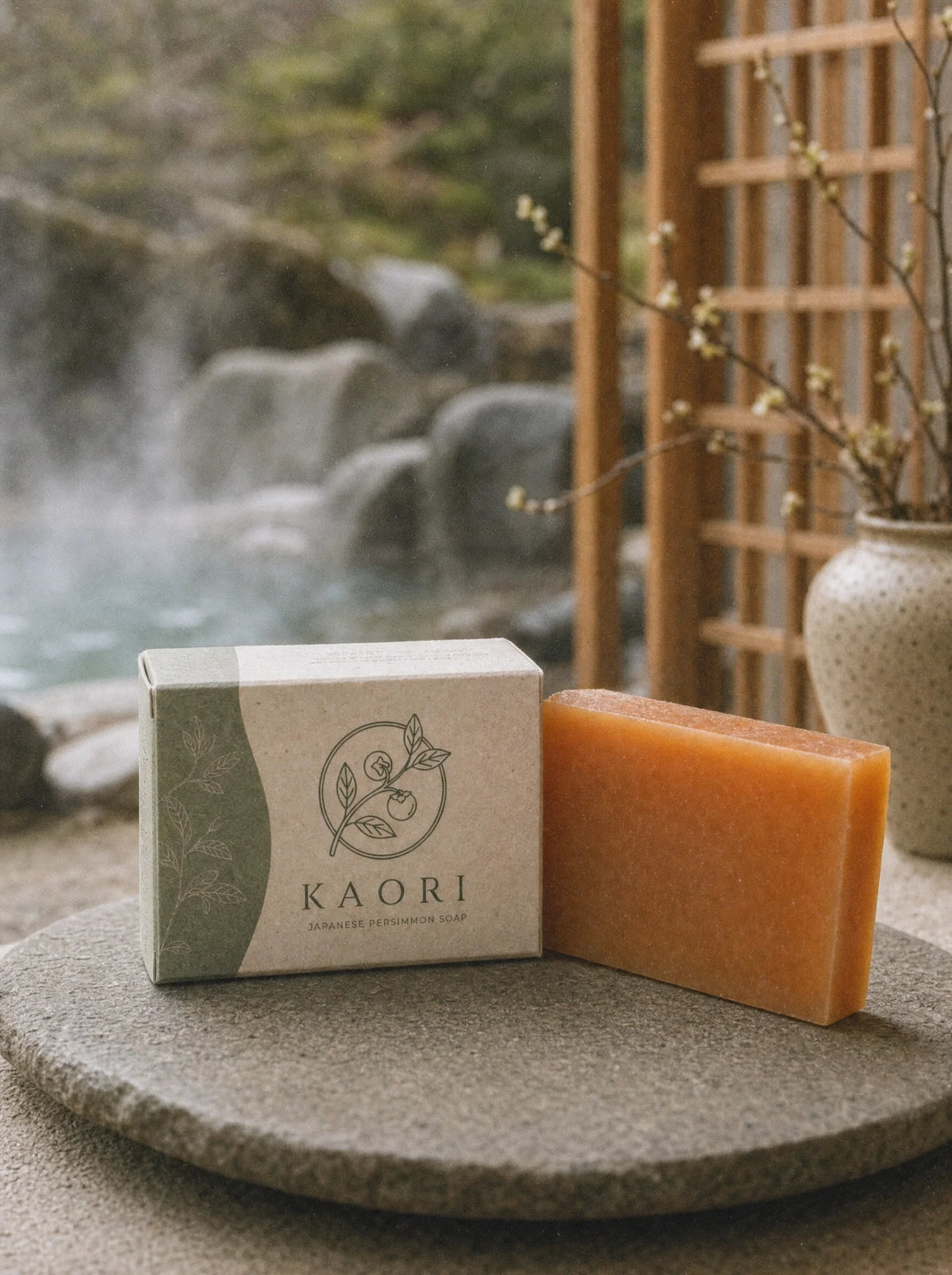 Kaori persimmon soap carton and bar on a stone slab by a hot spring