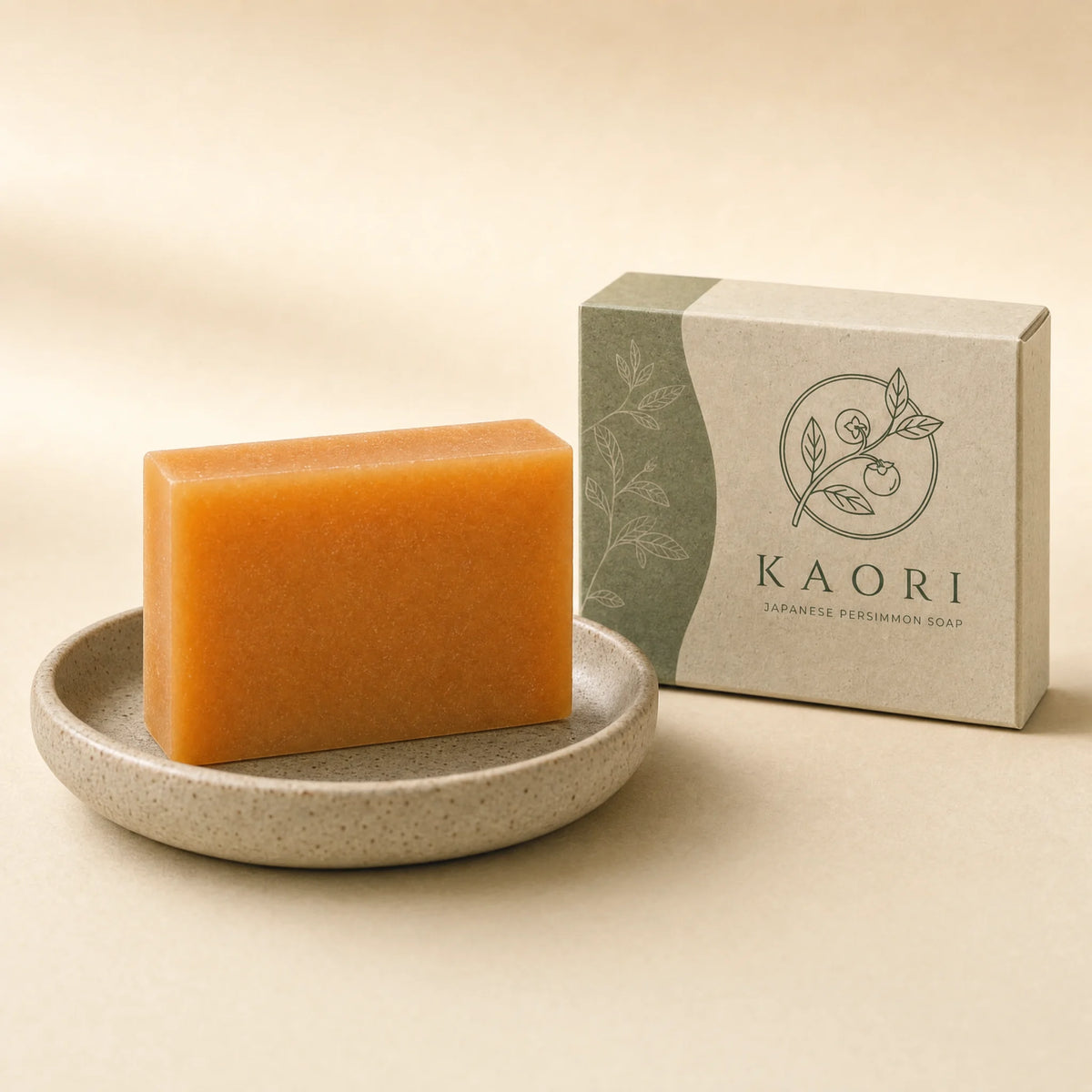 Kaori persimmon soap bar in a ceramic dish beside its carton