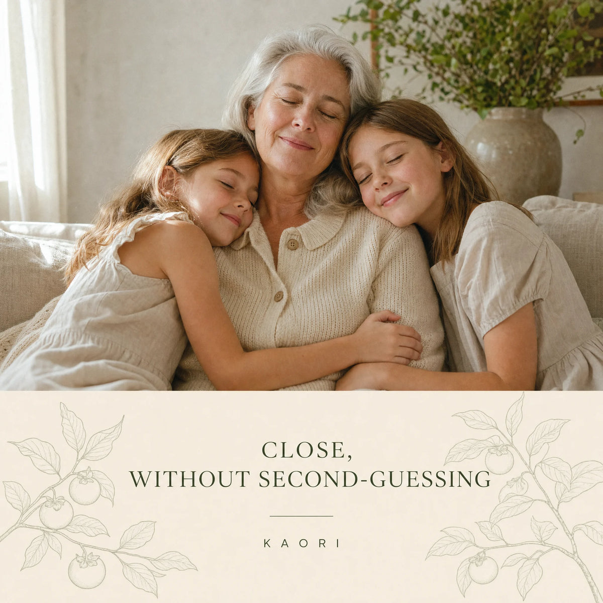A grandmother embracing her two grandchildren