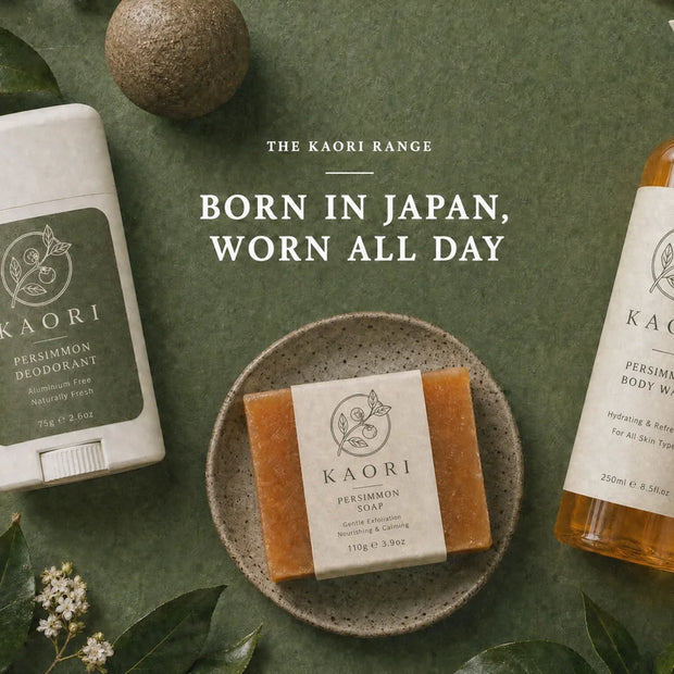 The Kaori range laid out on sage green paper