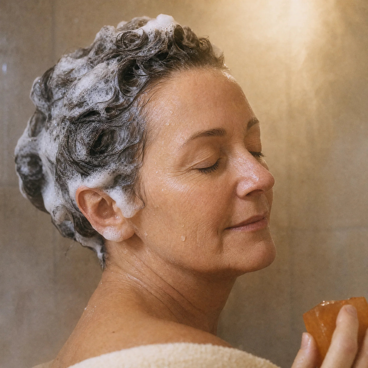A woman washing her hair in the shower, lather in her hair, holding a persimmon soap bar